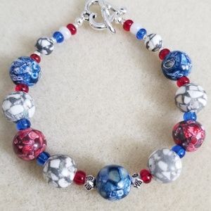 Red, white and blue glass bead bracelet